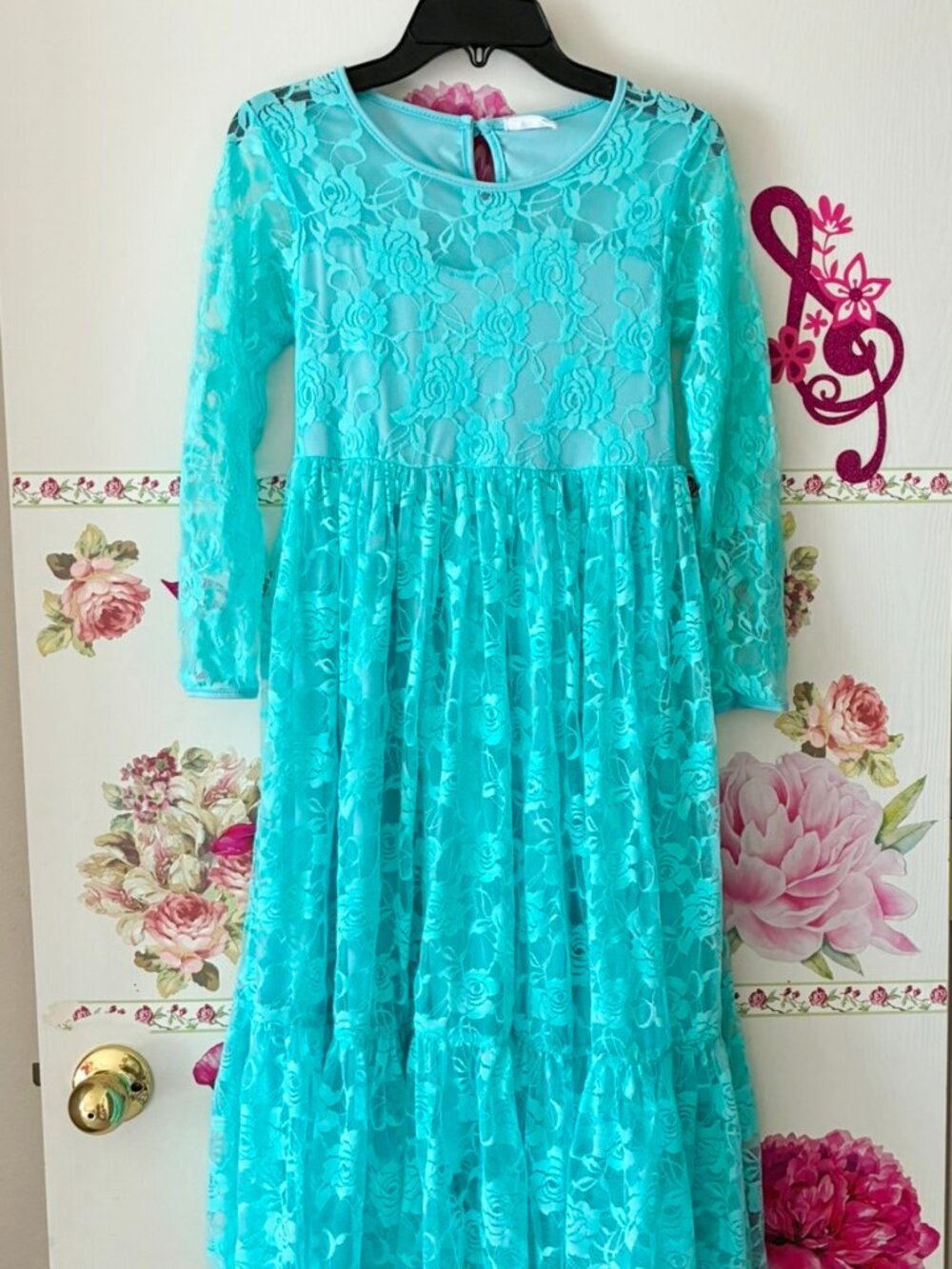 Adorable Sweetness Blue Lace Long Formal Dress Girls 8 Cotton Spandex